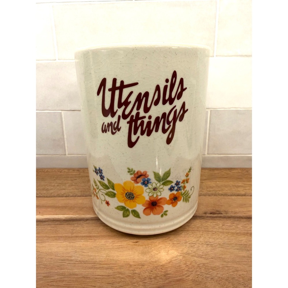 Vintage Sweet Flowers Bake Serve n Store Stoneware Utensil Holder Floral Japan